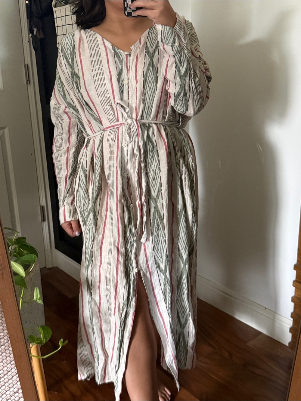 Cp Shades Linen Midi Buttoned Front Aztec Embroidered Dress. L